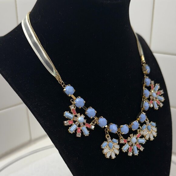 Rhinestone and Blue Acrylic Bead Necklace with Ribbon - Picture 6 of 7